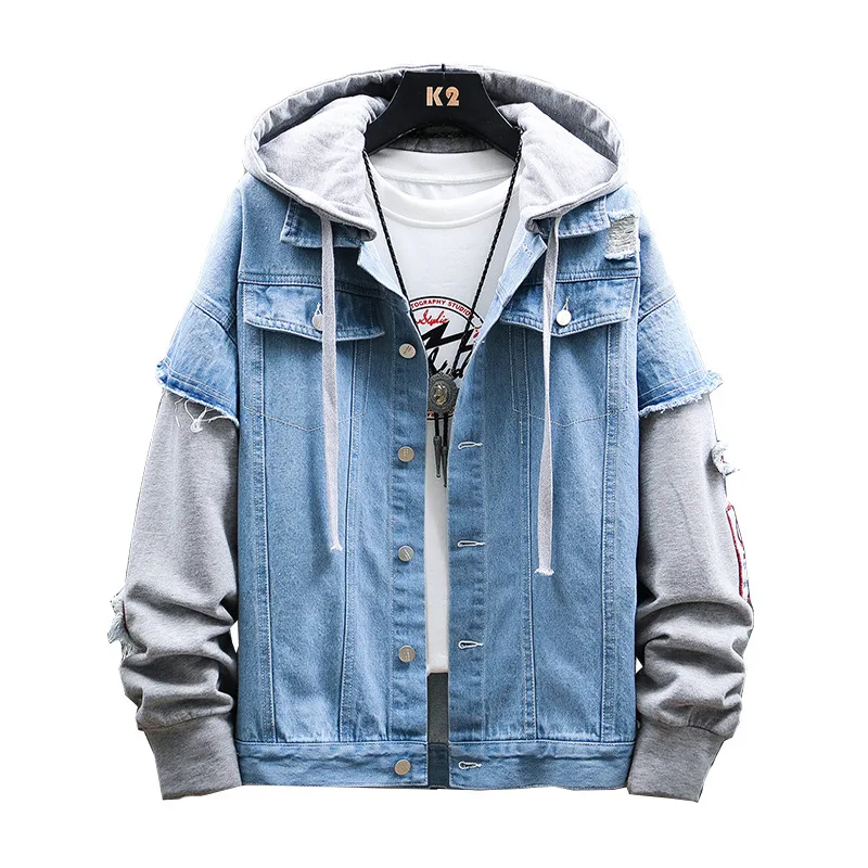 2023 New Fashion Men's Hooded Denim Jacket with Knit Sleeves Streetwear Hip Hop Coat Spring and Autumn Applique Casual Jackets