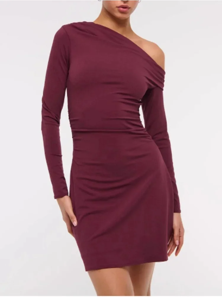 New Loose Sloping Collar Long Sleeved Burgundy Women's Dress Parties Dating Elegant Commuting Style Autumn Dresses