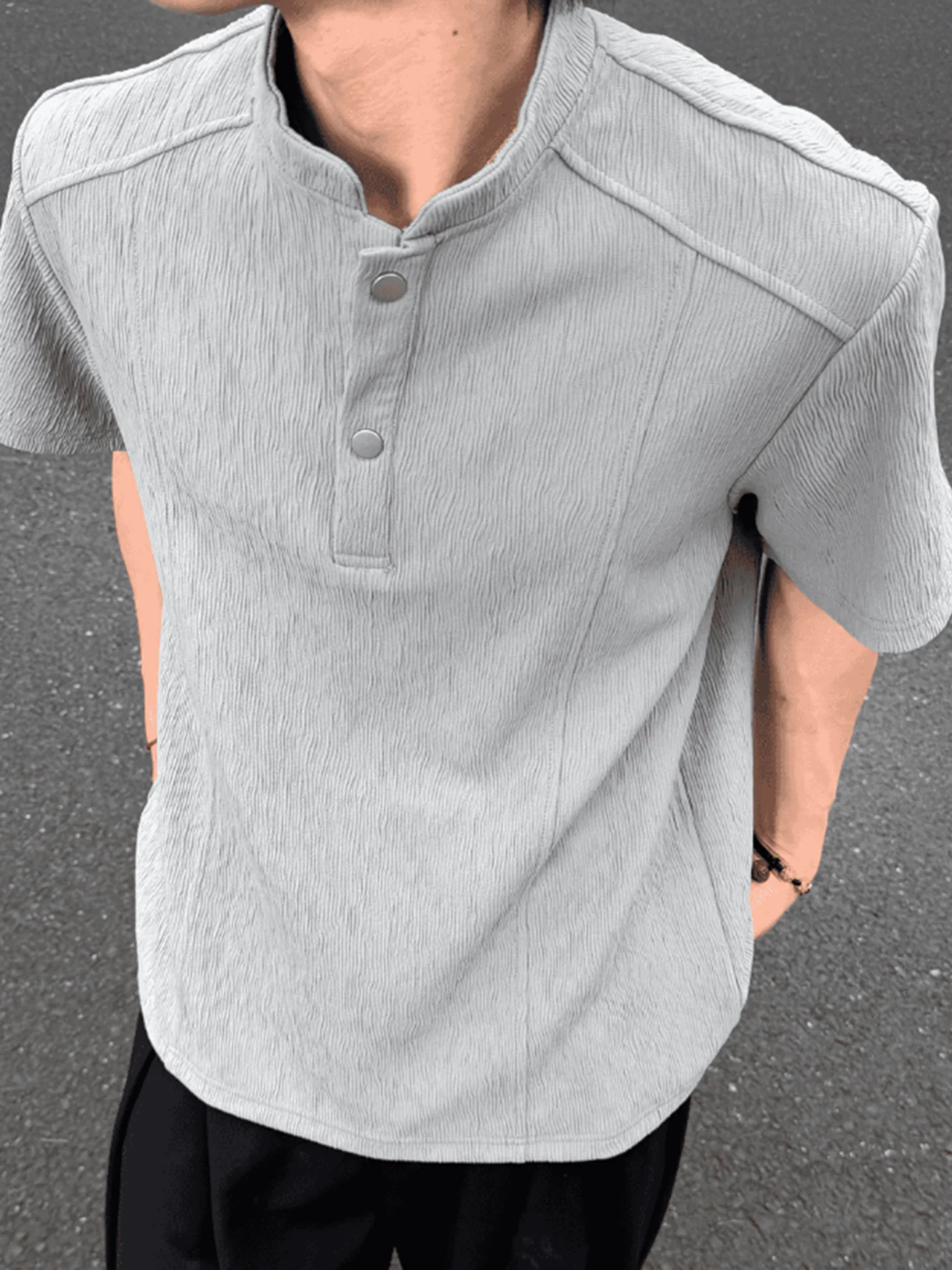 Cleanfit White Texture Tree Bark Folded Henry Collar Short Sleeve Men's Summer Thin American Style Ice Silk T-Shirt Casual Fa...