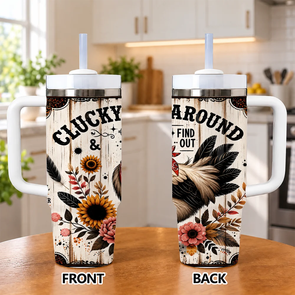 Cluck and Find Out Vacuum Flasks 40oz Insulated Stainless Steel Tumbler with Handle & Straw, Hot Cold Gift Cup