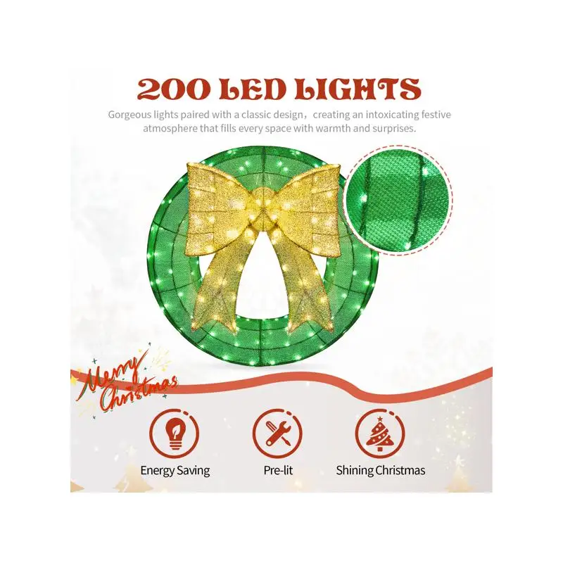 

24-дюймовый наружный рождественский венок с предварительной подсветкой, металлический декор с подсветкой и золотым бантом, зеленые и теплые белые светодиодные фонари для входной двери, стены и стены