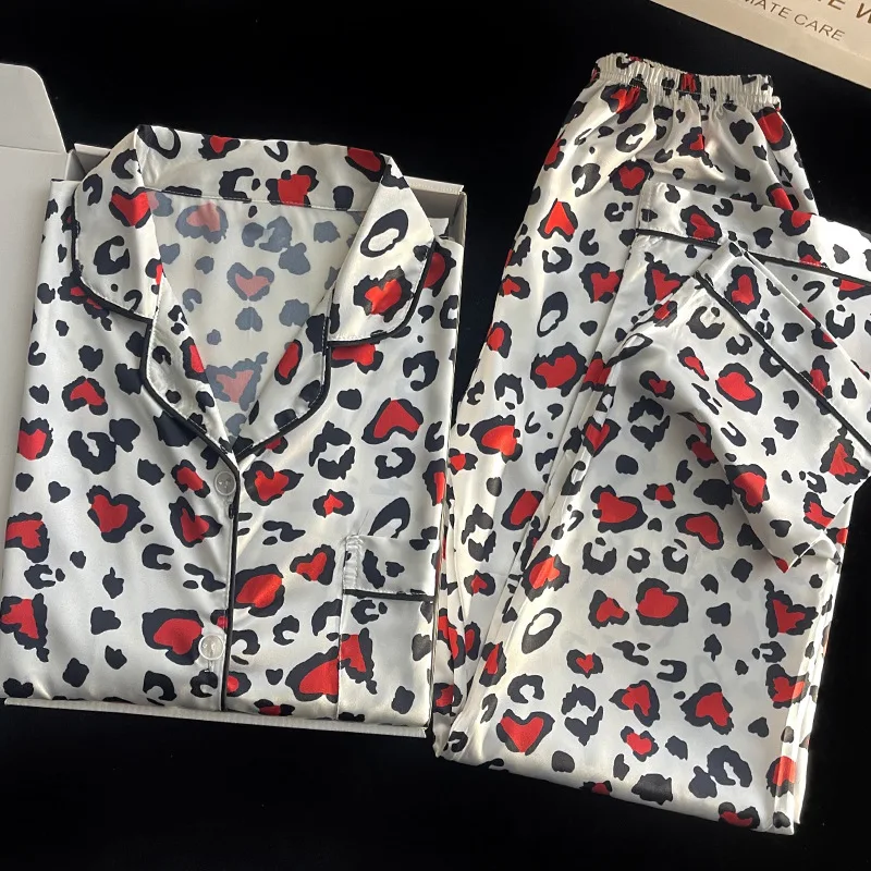 Women's Pajamas White Leopard Red Heart Print Pyjama Literary Romantic Silk Satin Homewear 2024 New Autumn Winter Sleepwear