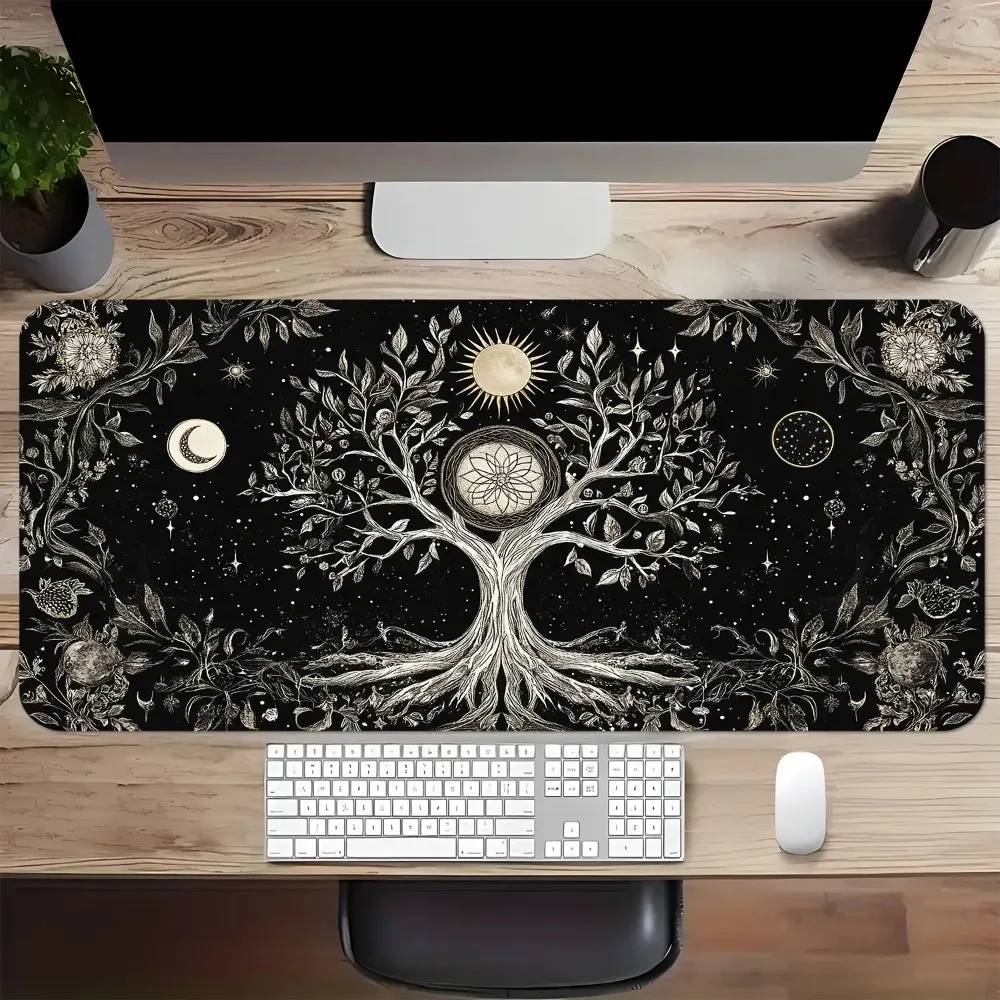 Super smooth fabric surface, starry life tree pattern, with branches resembling stars, moon phases and Nordic runeslike features