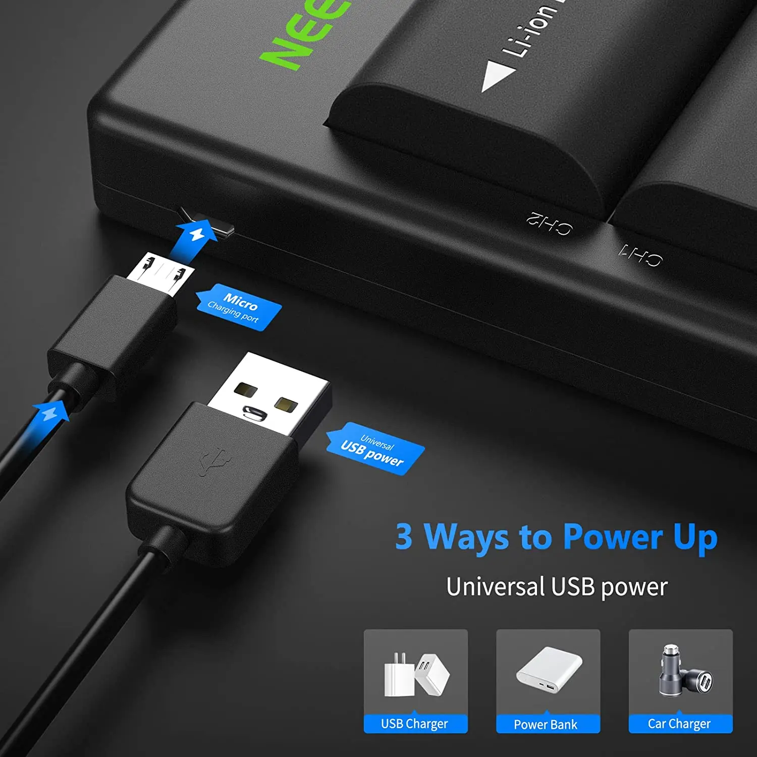 Neewer 2-Pack 2000mAh LP-E6 LP-E6N Replacement Rechargeable Camera Batteries & Micro USB Input Dual Charger Set for Canon