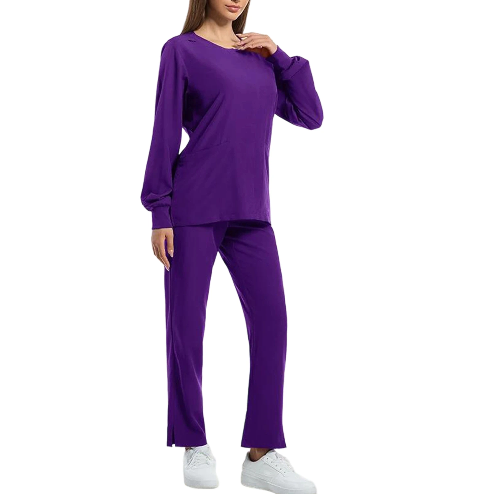 

Женский комплект скрабов для медсестры, разноцветные брюки с круглым вырезом и длинными рукавами, брюки с разрезом по подолу, медицинская форма с несколькими карманами, спецодежда для здравоохранения