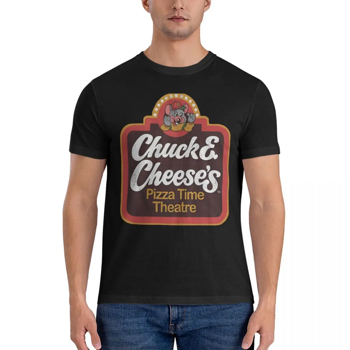 Men's T-Shirt Pizza-TIME-Theater- Awesome 100% Cotton Tee Shirt Short Sleeve Chuck E. Cheese T Shirt O Neck Clothes Printed