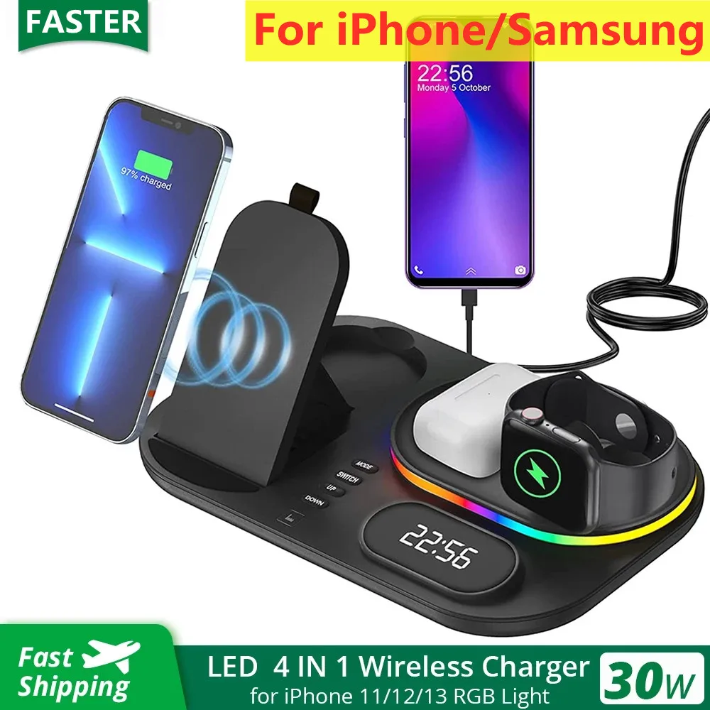 30W 4 in 1 Wireless Charger Stand For IPhone 14 13 12 11 X Apple Samsung Watch Airpods Pro IWatch  Fast Charging Dock Station