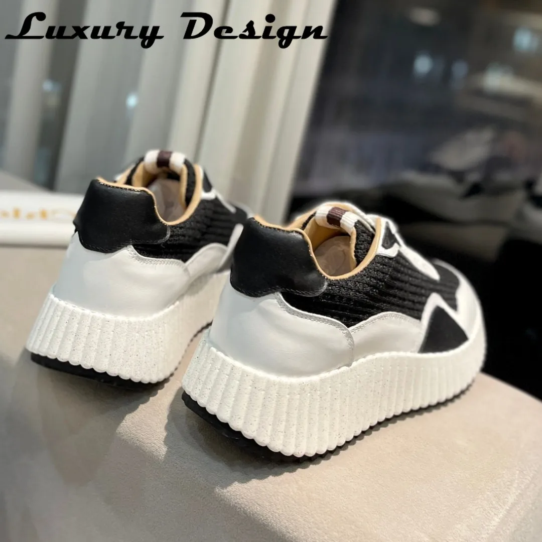 Luxury Women Nama Sneakers Knitted Platform Sneakers Round Toe Flats Women Lace Up Patchwork Hand Stithced Walking Tennis Shoes