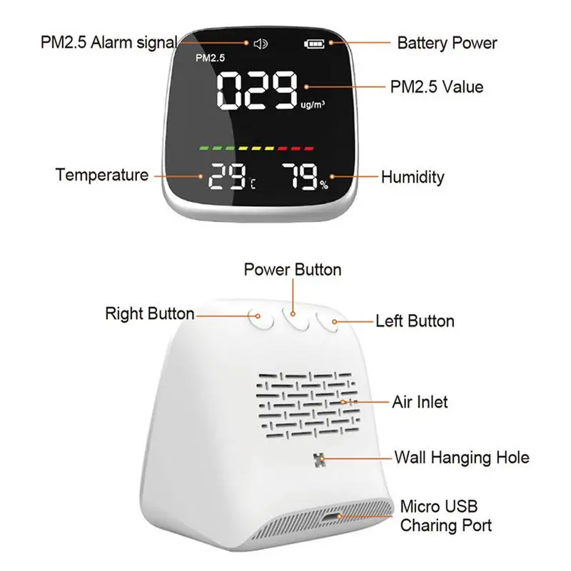 Air Monitor Indoor USB Charging Air Quality Detector PM2.5 Temperature And Humidity Measurement Tool With LED Digital Display