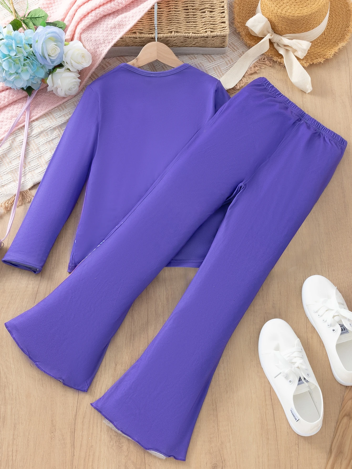 Autumn new cute girl 3D dream unicorn long sleeved top+unicorn bell bottom pants casual set