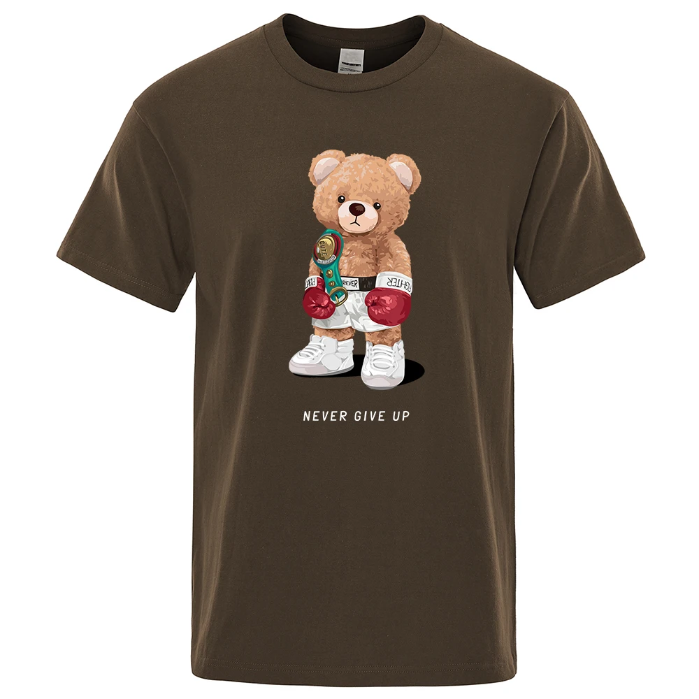 Strong Boxer Ted Bear Never Give Up T-Shirts Men Soft Loose Tshirs Breathable Summer Street T-Shirts Cotton Loose Tee Clothes