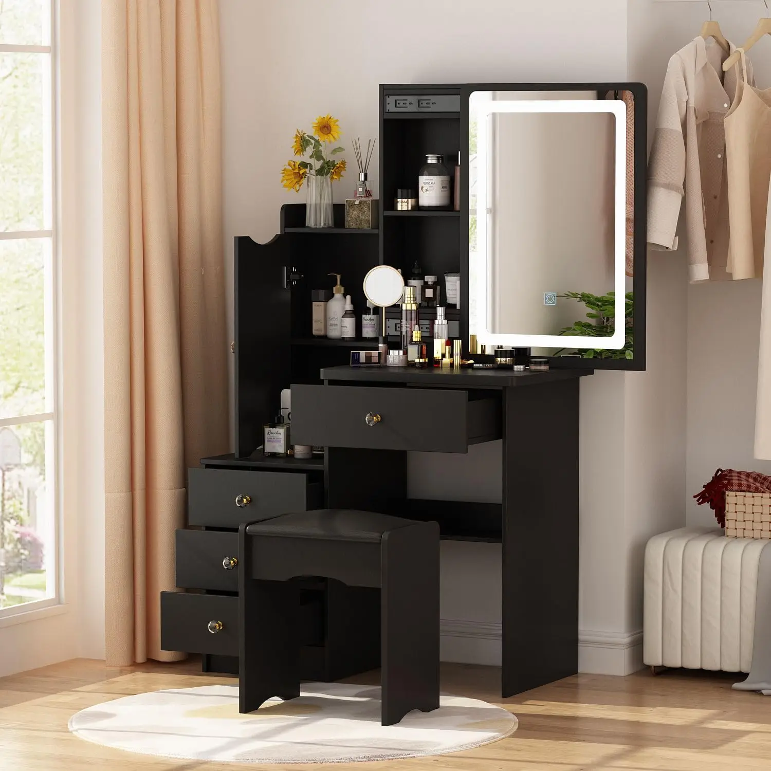

Vanity Mirror with Lights Desk and Chair, Vanity Desk with Sliding Lighted Mirror, Makeup Vanity with Lights
