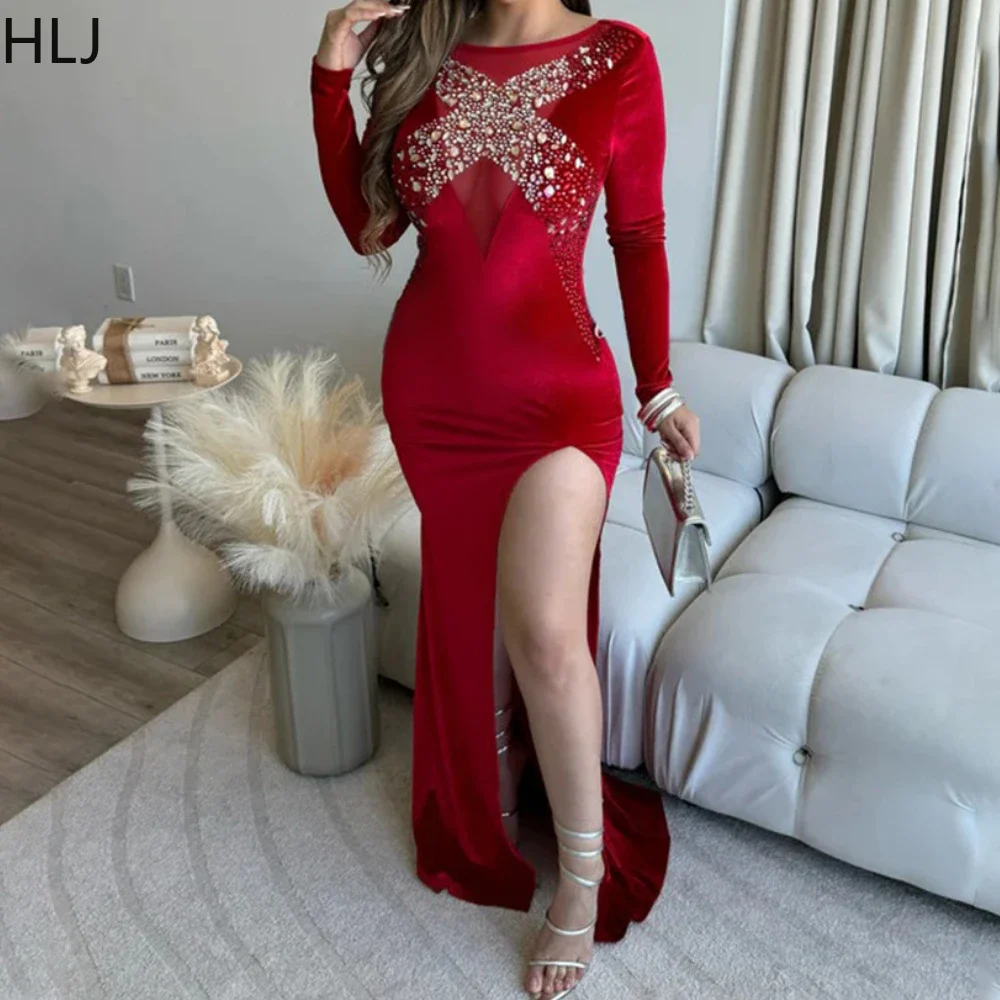 

HLJ Fashion Luxury Rhinestones Mesh Bodycon Evening Party Long Dresses Women Round Neck Long Sleeve Slim Vestidos Female Clothes