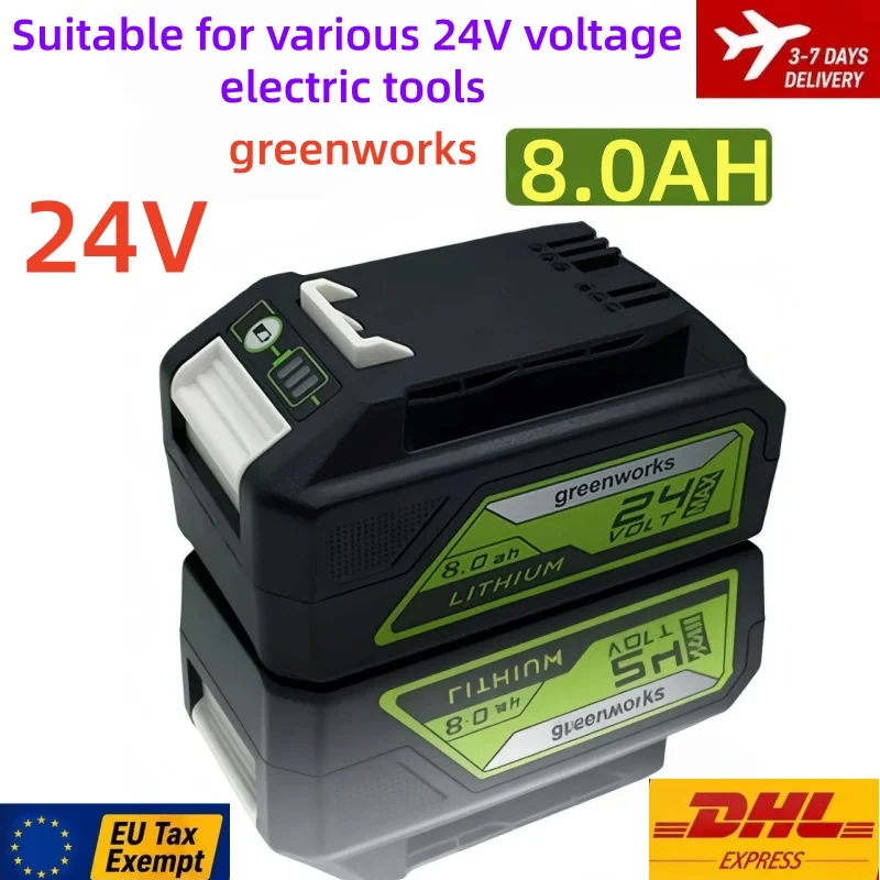 Neueste 24V 8.0Ah Lithium-Batterie für Greenworks 24V Elektrowerkzeug, schnelles Laden, Ersatzbatterie MO24B410 MO48L4211 HT24B210 21342