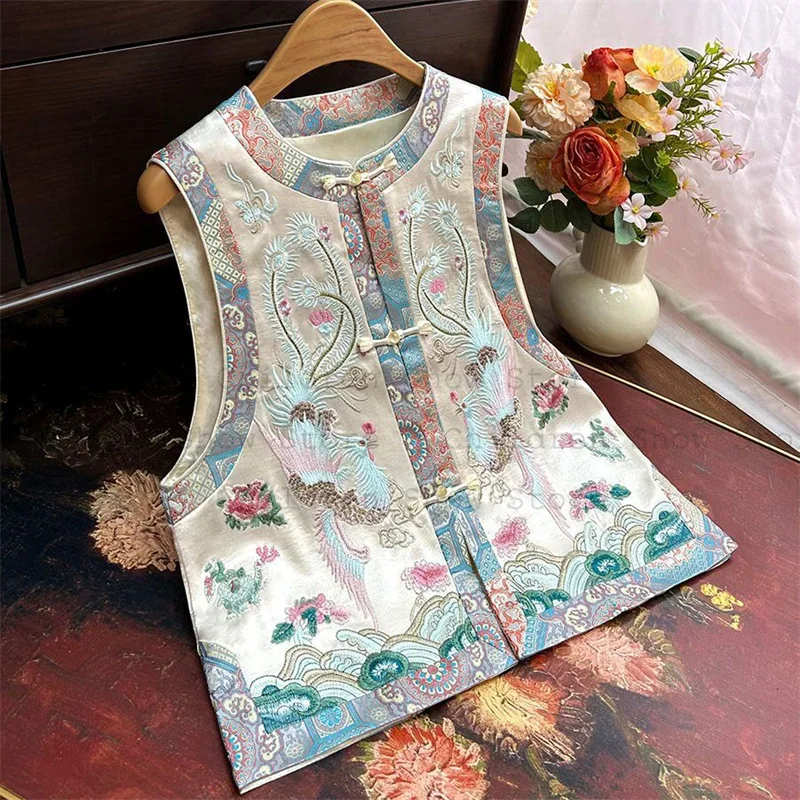 

Женская летняя новая куртка Hanfu Qipao, роскошная куртка с вышивкой Феникса, атласное пальто, костюм, жилет без рукавов в китайском стиле, топ