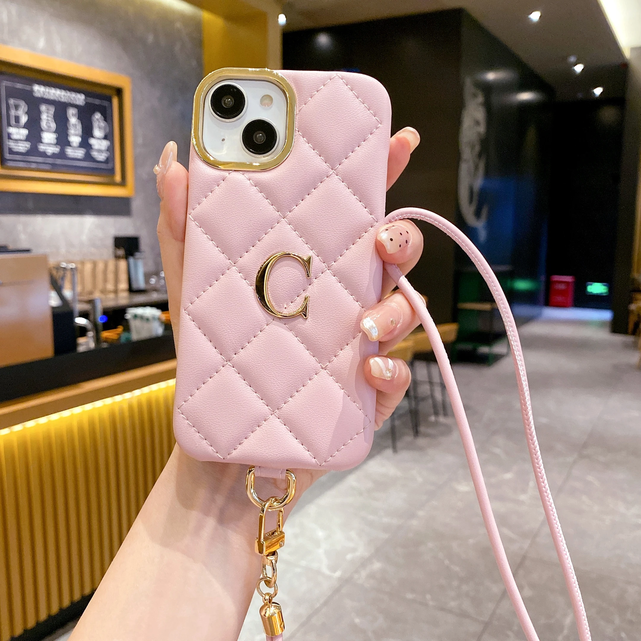Personalized Initials letter Leather Phone Case for iPhone17 16 15 14 13 12ProMax 15 16Plus Crossbody Lanyard Small Letter Case