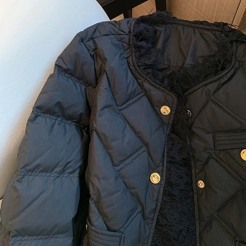 

Женская кружевная хлопковая куртка в стиле ретро, новая зимняя черная однобортная стеганая куртка, шикарная утепленная теплая верхняя одежда с длинными рукавами