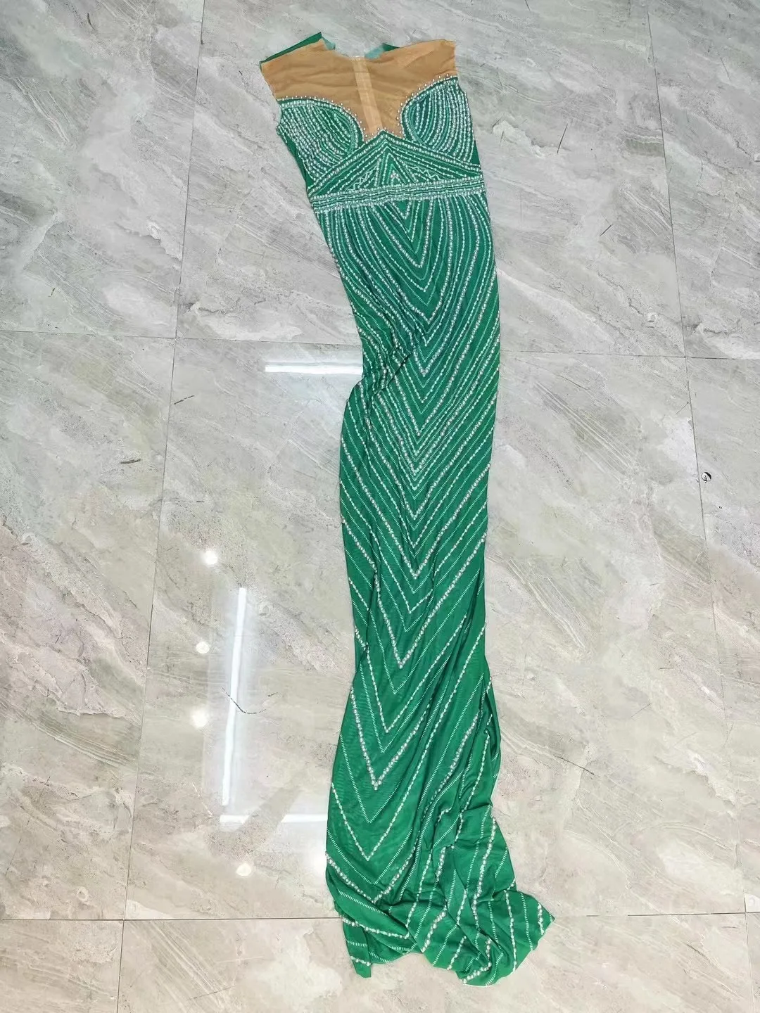 New Designed Green Mesh Pearls Sleeveless Stretch Dress Evening Birthday Celebrate Costume Prom Party Show Photo Shoot Dress