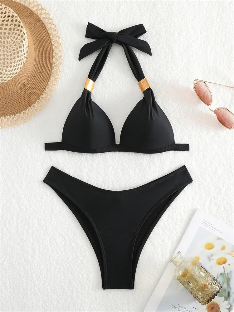 

Women's Swimsuit 2025 New Bikini Halter Lacu Up Swimwear Solid Bikinis Set Sexy Thong Summer Beach Bathing Suit Female Biquini