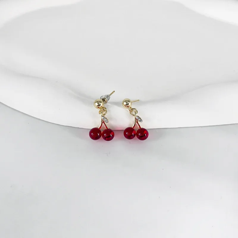 Summer Red Clear Cherry Fashion Long Ear Nail Earrings Cute Sweet Fruit Gold Color Drop Earring for Women Party Wedding Jewelry