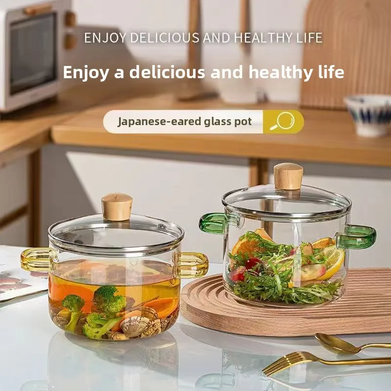 1.6/2.3L Tempered Glass Instant Noodle Pot, High Borosilicate Glass Bowl with Lid, Hot Pot Double Ear Soup Pots,Kitchen Utensils