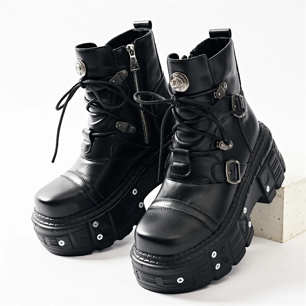 New Fashion Women Punk Round Toe Ankle Boots  Lace-Up Thick Bottom Metal Decoration Shoes Buckle Strap Party Footwear Black