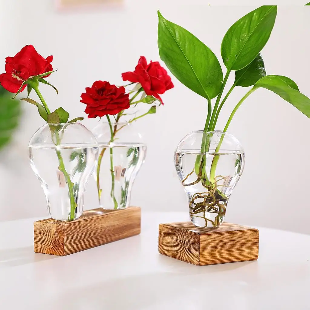 

Plant Vase Desktop Glass Wooden Stand Plant Holder for office and home