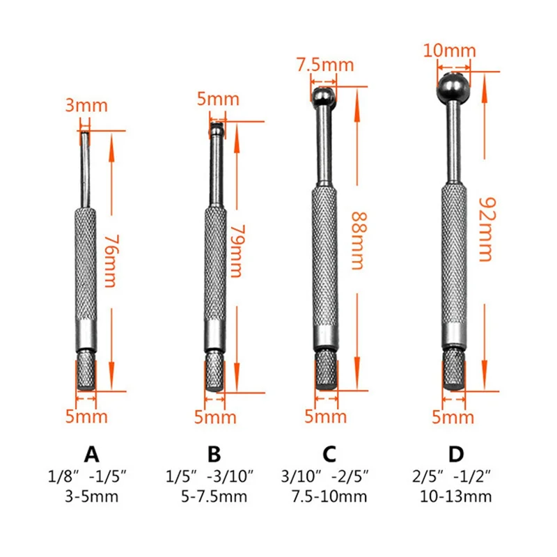 3-13mm 4-Piece Set Adjustable Inner Diameter Gauge Telescopic Gauge Adjustable Inner Hole Gauge Manual Measuring Tool