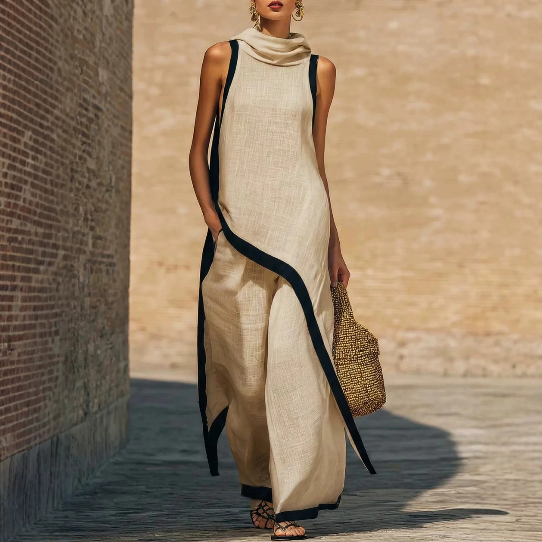 Women's 2026 Spring/summer. Sleeveless Top And Wide-leg Pants. Fashion Set Irregular Two-piece Outfit Robe Bandage Party Midi
