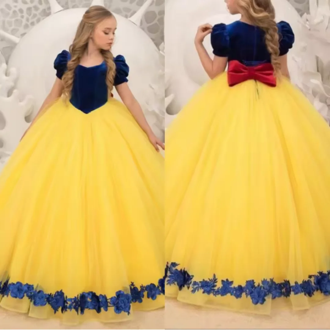 Gorgeous Little Princess Flower Girl Dress Two-Tone Patchwork with Red Bow Children's Birthday Party Ball Gown