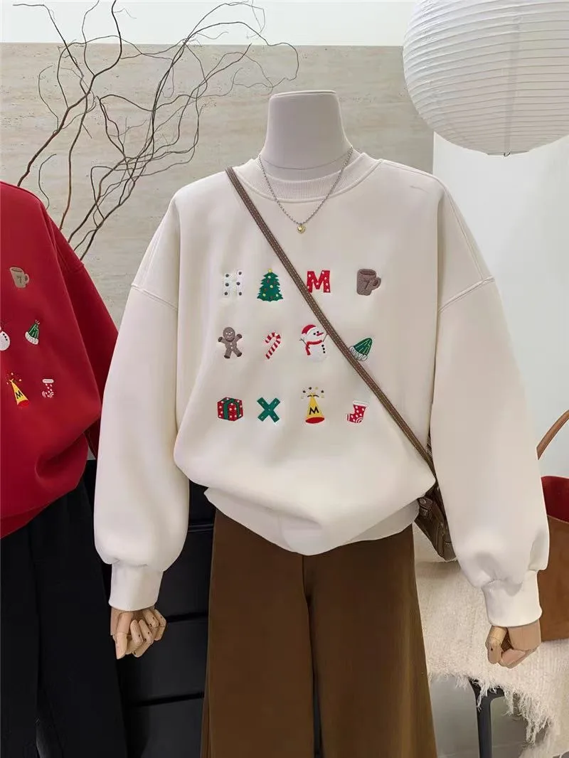

Christmas Style Women Hoodies Round Neck Long Sleeved Sweatshirt Cartoon Cute Printed Pure Cotton Harajuku Hoodies Y2K Tops Men