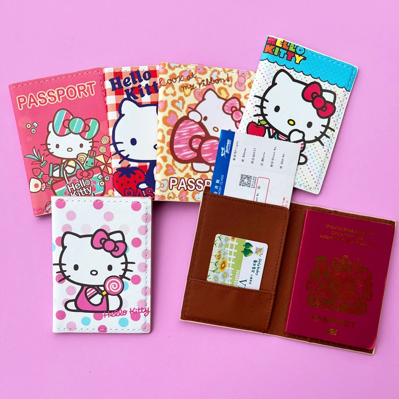 Cartoon HELLO KITTY Travel Passport Cover Wallet Unisex Business Multifunction Credit Card Purse Women\'s Organizer Passport Case