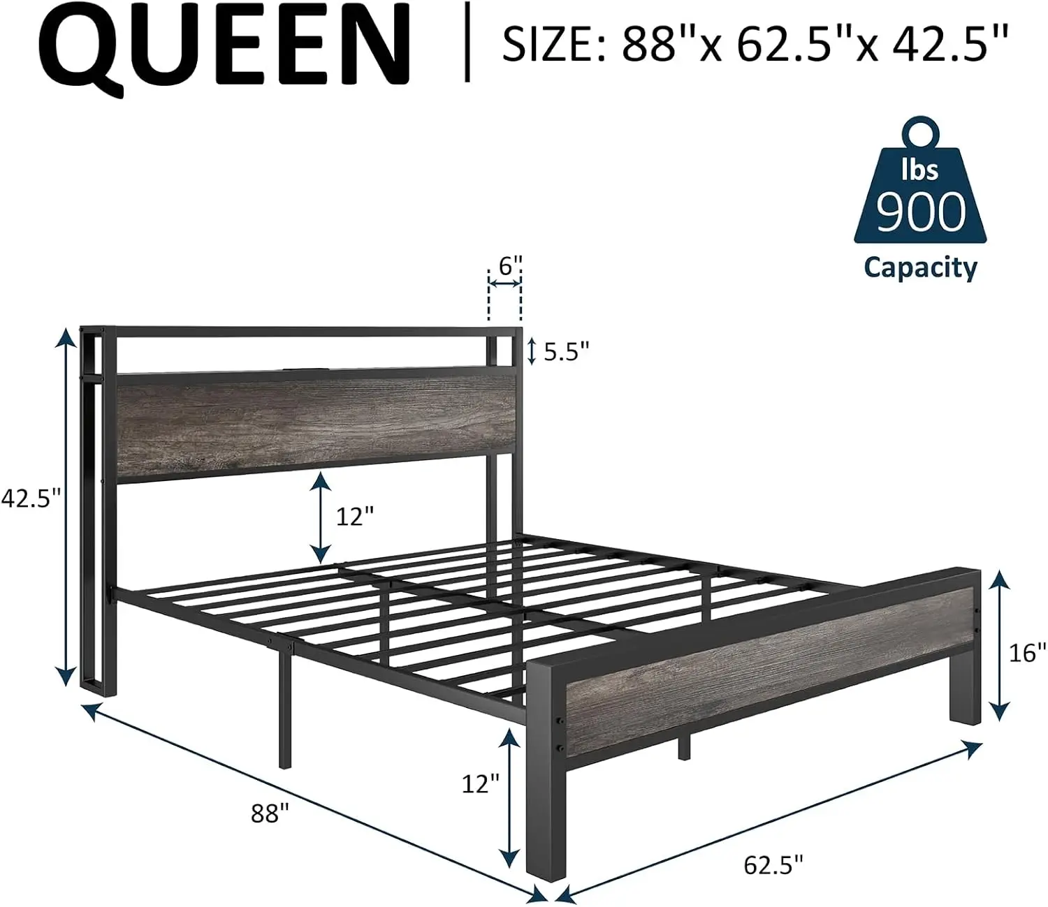 Cama de plataforma industrial con marco de Cama grande, cabecero de almacenamiento de doble capa, sin necesidad de resortes, sin ruido, gris claro