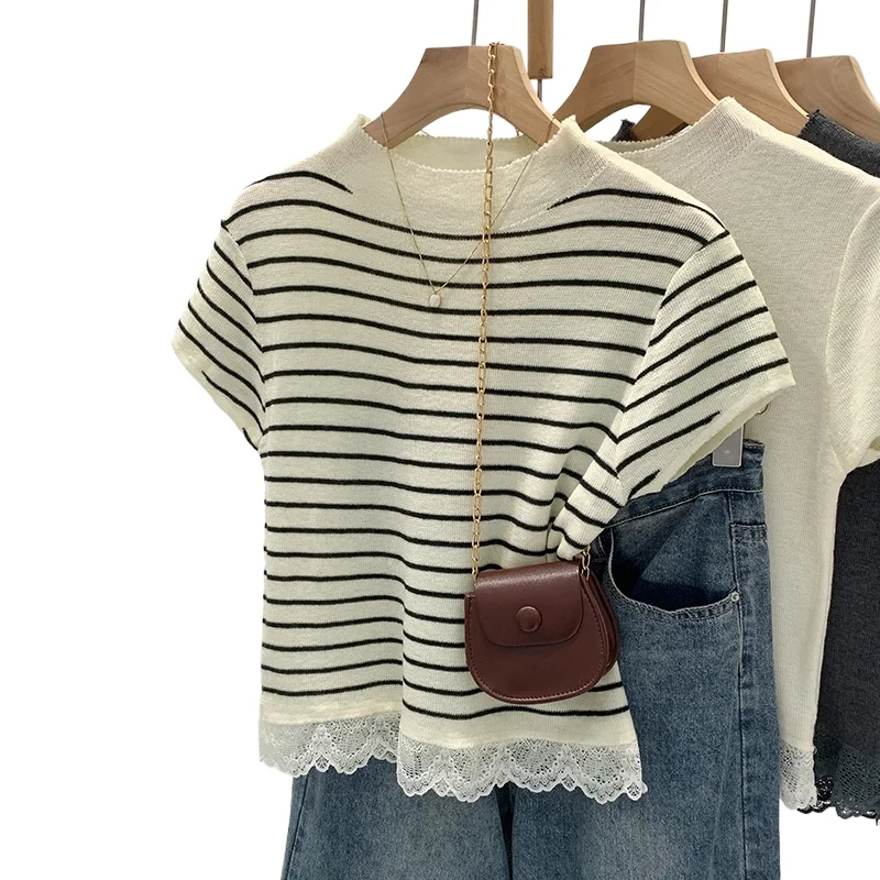 

Striped Short Sleeved Knitted T-shirt Women's Summer New Lace Border Korean Stand Collar Chic Tee Simple Commuting Top