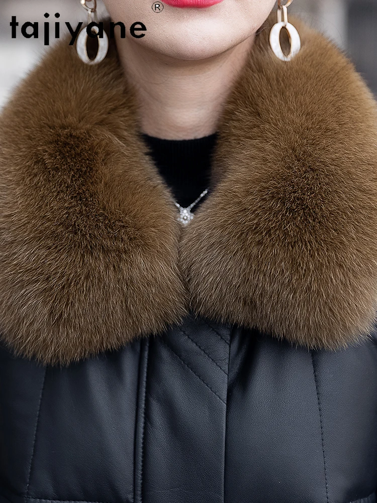 TAJIYANE 100% جلد الغنم بطة أسفل معطف أسود حقيقي جلدية سترة منفوخة النساء مع الثعلب الفراء طوق الملابس الشتوية 2025 doblianка