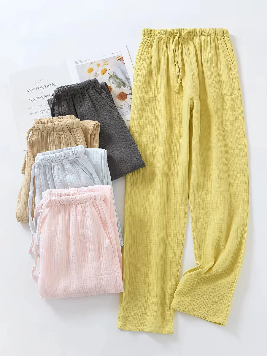 Cotton Linen Thigh Straight Leg Pants Women Vintage Long Pant Fashion Elegent Pant Solid Elasitic Waist Spring Summer Sweatpants
