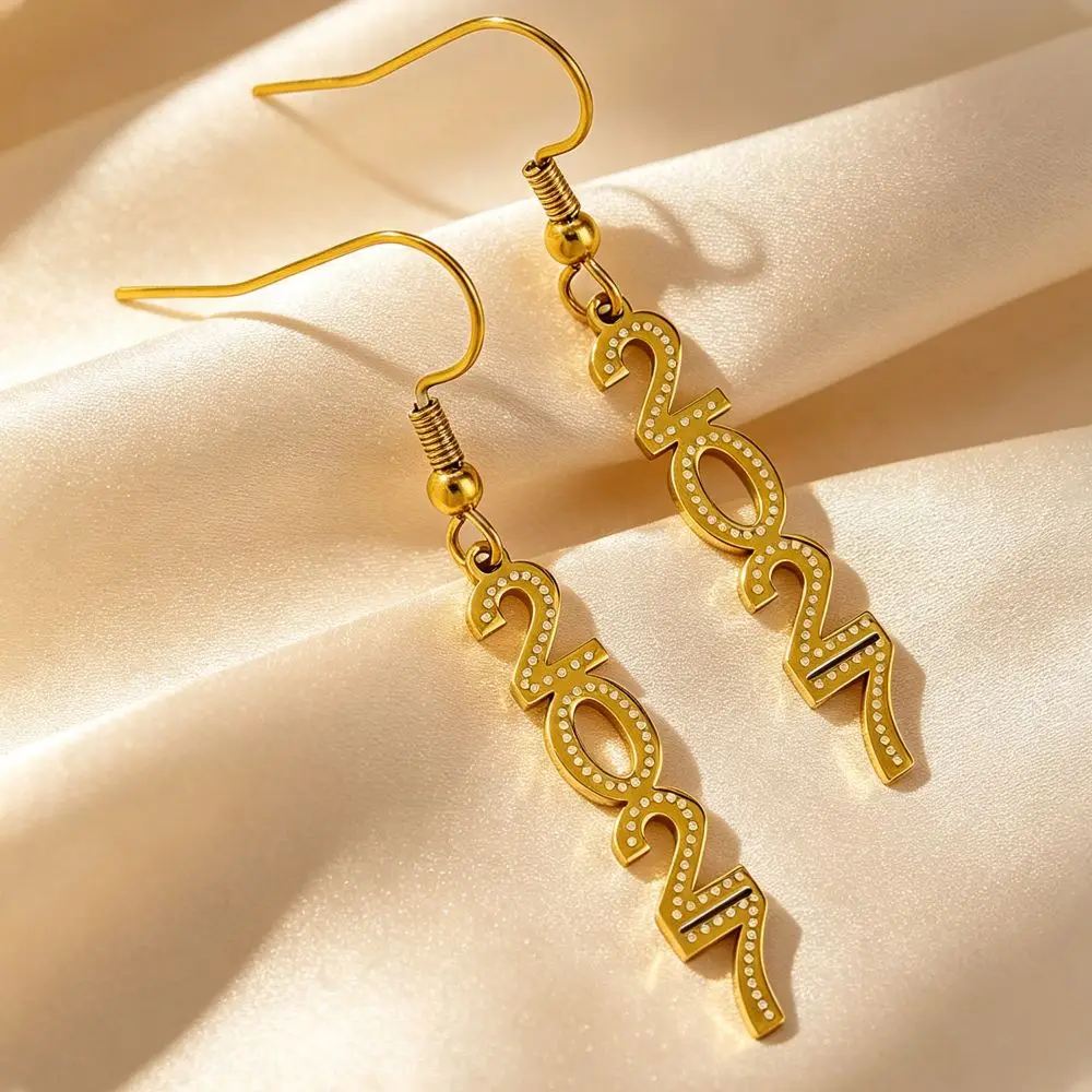 Rhinestone 2027 Digital Earrings Number Hollowed-out Happy New Year Earrings Elegant Stainless Steel Gold Stud Earrings