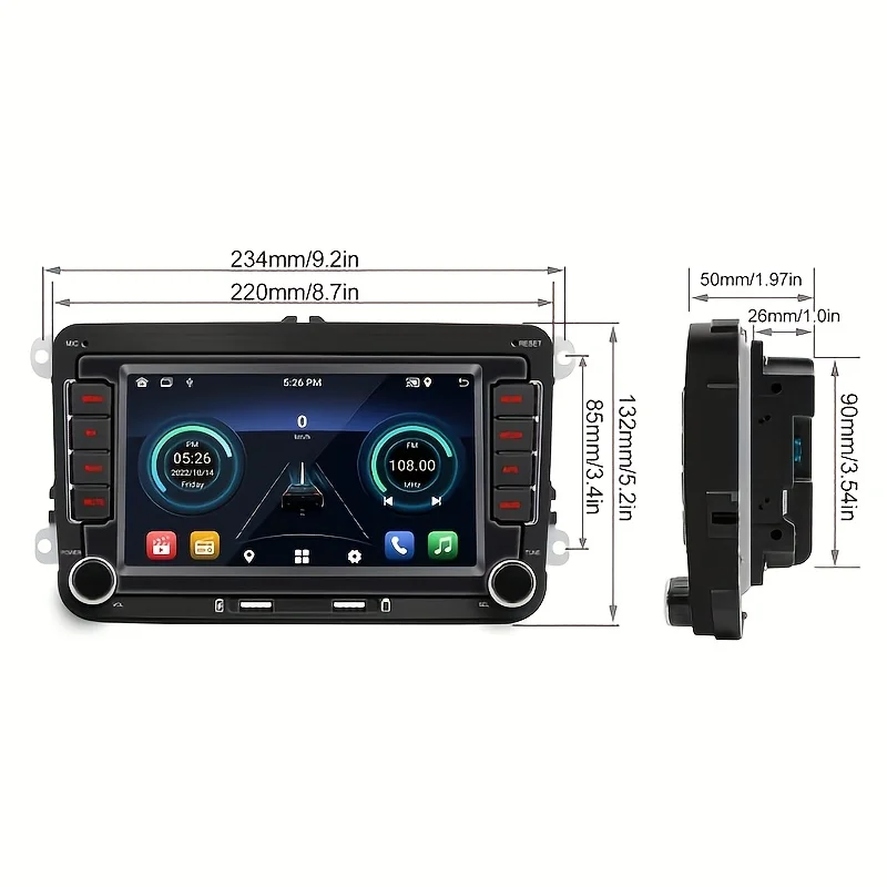 7-Inch Universal Car Stereo Unit for Volkswagen Passat, Golf, Jetta, T5, EOS, POLO - BT FM Radio with RCA, Red Button Light