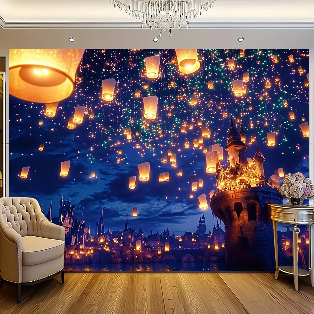 Charming fairy tale castle background - tall towers, long nights and bright Lantern Island scenes, polyester, fairy party