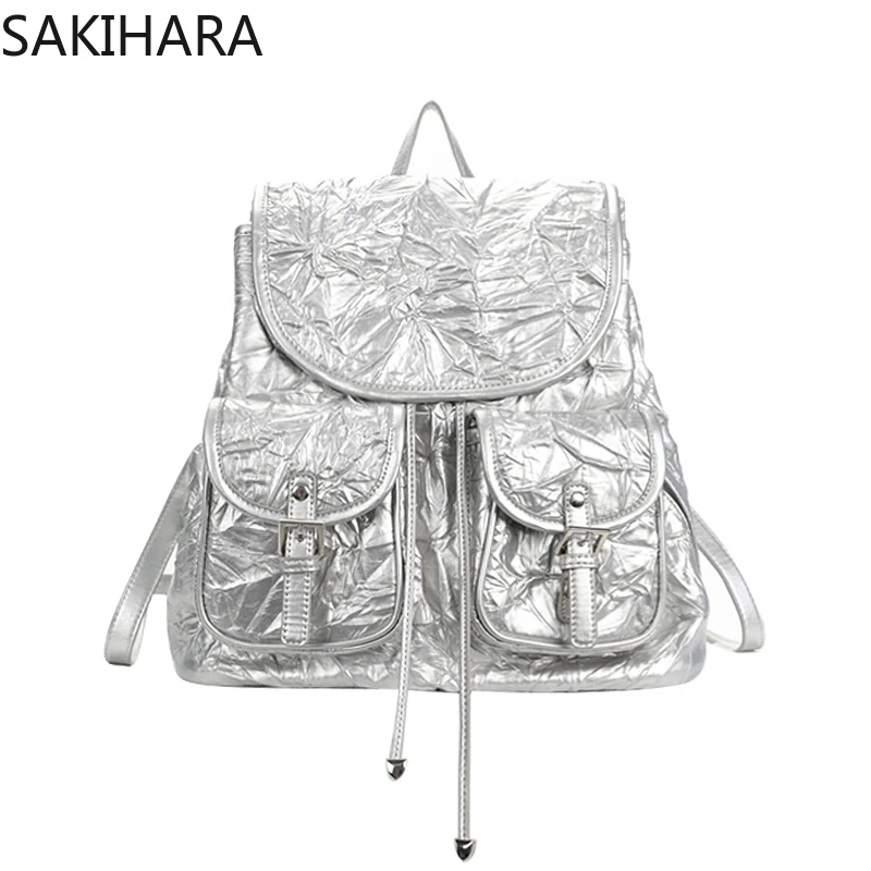 School Backpack for College Students Solid Color Pleated Silver Large Capacity Drawstring Designer PU Solid Mochilas Para Mujer