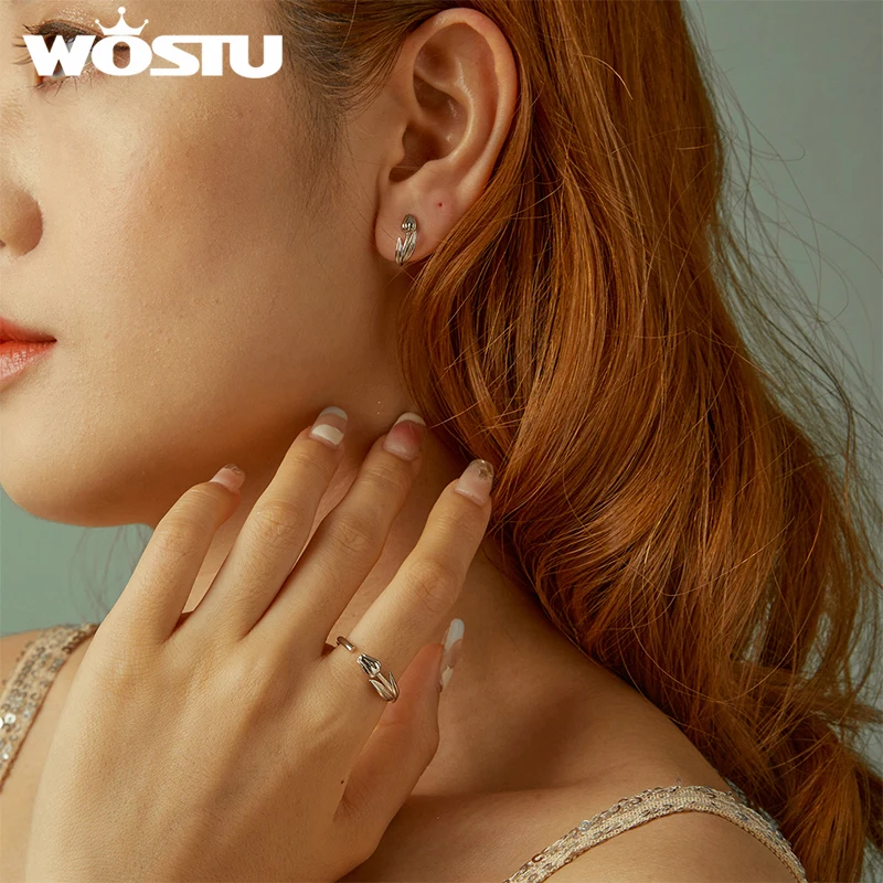 WOSTU Hot Sell 925 Sterling Silver Tulip Earrings Opening Ring Set Spinel Ear Studs for Women Fine Jewelry Party Date Daily Gift
