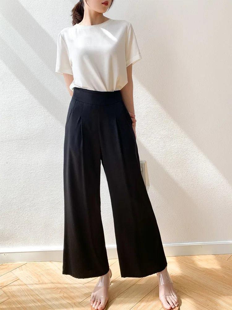 Pocket Design 93% Natural Mulberry Silk Elastic Double Qiao Satin Black Drape Comfortable Women's Fashionable Casual Pants