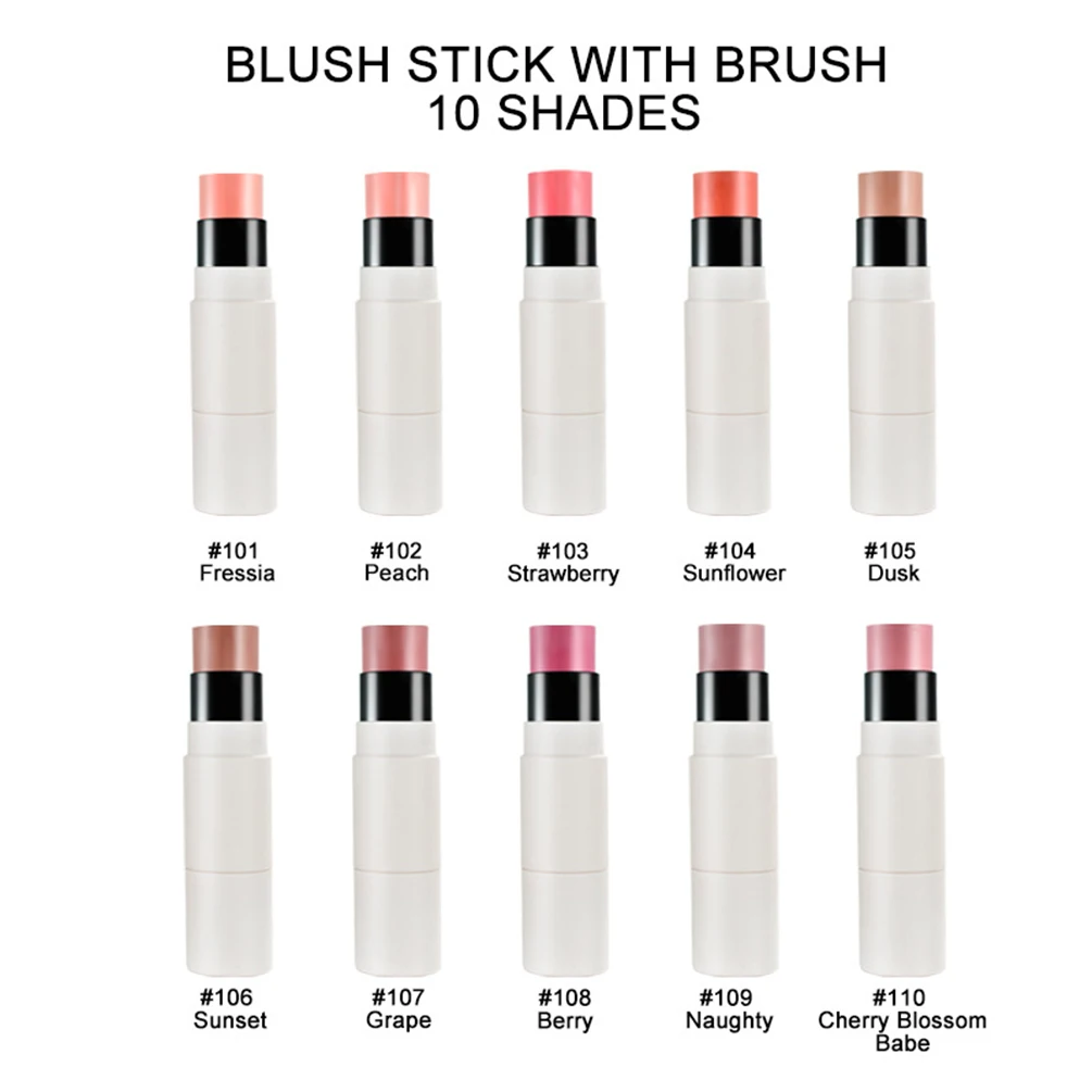 10-color Private Label Blush Stick Custom Bulk 10g All Skin Type Double Ended Blusher Sticker with Brush Makeup Vegan Wholesale