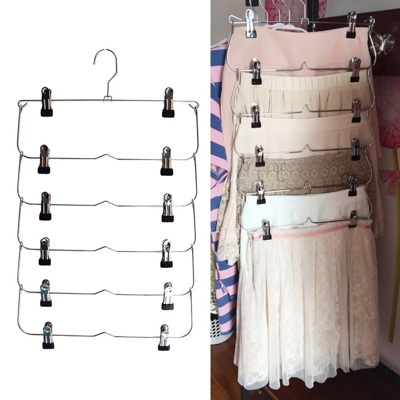 6 Layer Metal Clothes Hanger Non Slip Multi Layer Trouser Skirt Hanger With Clips Pants Storage Organizer For Wardrobe