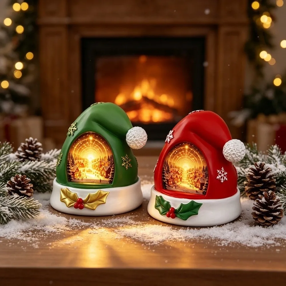 Resin Christmas Elf Hat Ornament Light-up Cute Christmas Figurine Decorative Warm Glow Holiday Atmosphere Light Home Decoration