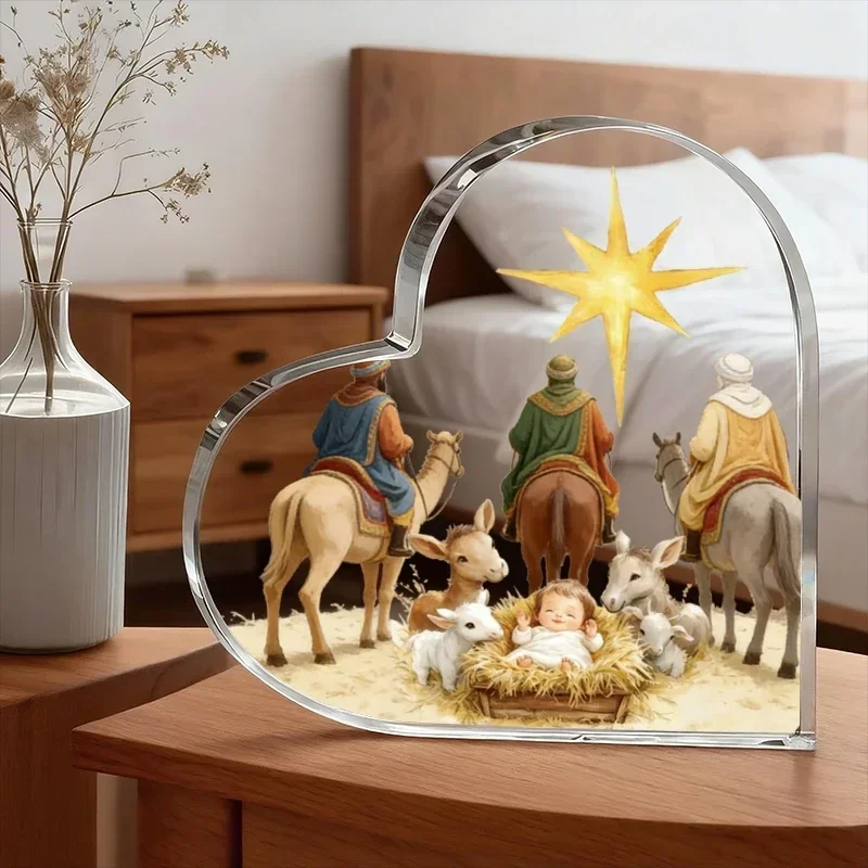 Heart Acrylic Desk Plaque Nativity Scene Decor, Christmas Three Wise Men Acrylic Heart Ornament