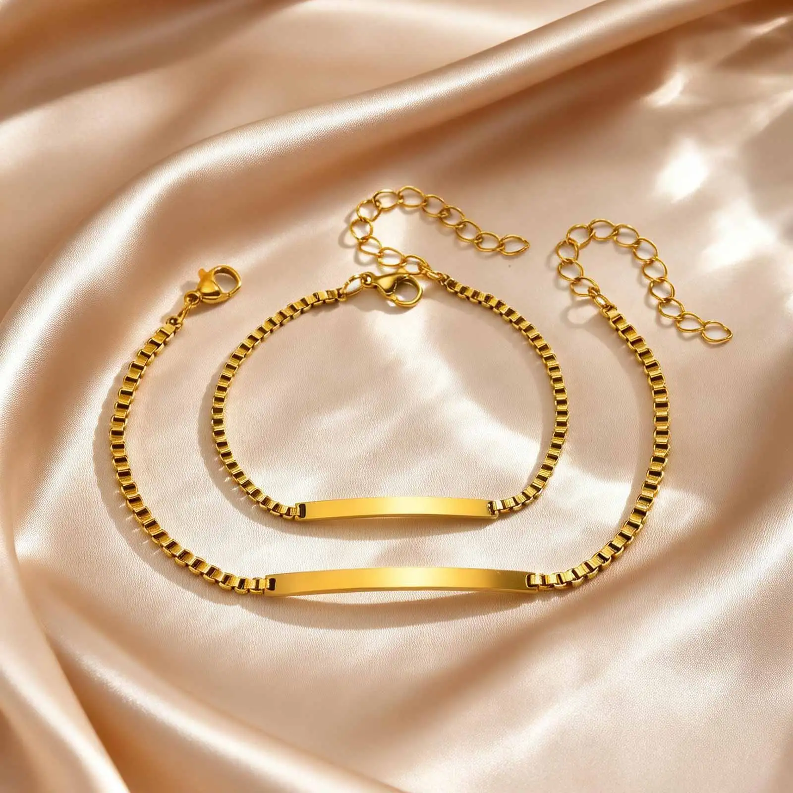 2pcs set Stainless Steel Box Chain ID Bar Couple Bracelet Custom Engraved Nameplate Jewelry for Women Men Anniversary Gift