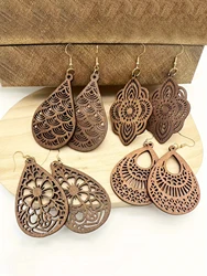 4 Pairs/ Set Vintage Carved Flower Pattern Dangle Earrings Elegant Retro Style Wooden Jewelry Delicate Female Gift