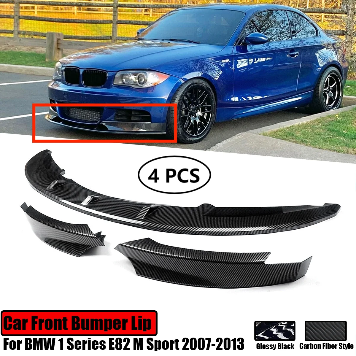 

For BMW 1 Series E82 M Sport 2007-2013 Car Front Bumper Lip Splitter Diffuser Spoiler Protector Glossy Black Carbon Fiber Style