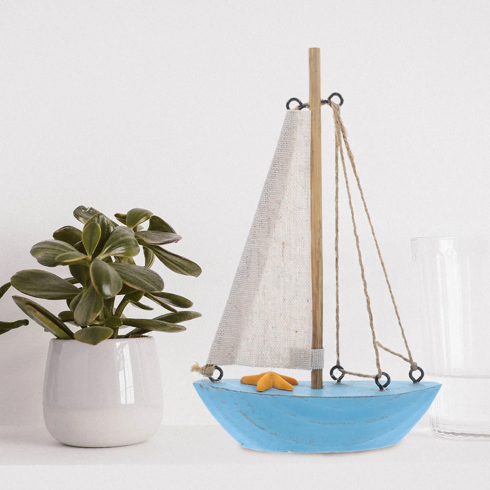 

Wooden Sailboat Ornament Mediterranean Style Small Chic Beach Nautical Decor Desktop Home Office Table Decoration Gift Idea